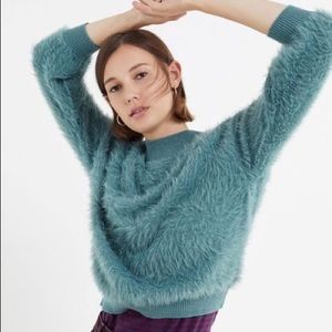 UO Sweet as a Peach Fuzzy Mock Neck Sweater in Blue / Teal Small
